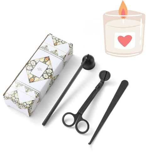 Lot de 3 outils pour bougies – Coupe-mèche en acier inoxydable, éteignoir à bougie et cuillère à mèche – Finition noire pour une combustion sans suie et une extinction sûre – Coffret cadeau idéal pour