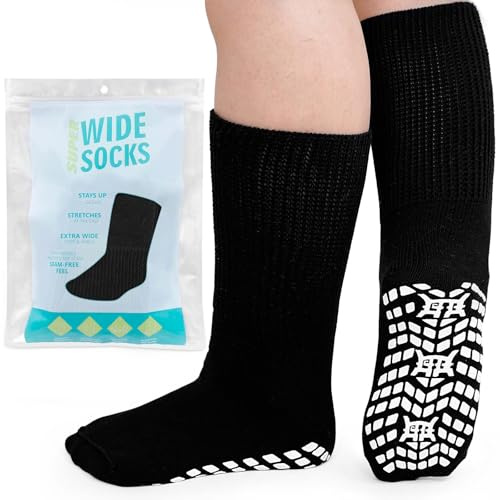 ZFSOCK Diabetic Socks for Men Non-slip: Extra Wide Soft Top for Swollen Feet Ankles Leg Hospital Socks with Grips Non-Binding Gentle Grip Non-Elastic Loose Fitting Edema 1 Pair 12-14