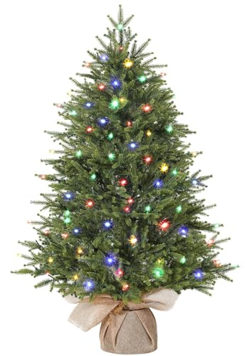 Alupssuc 3 Fuß Beleuchteter Künstlicher Mini-Weihnachtsbaum, PE-Zweige mit Sockel aus Leinensack, Farbige LED-Lichter, 12 Lichtmodi, Perfekt für Weihnachtsdekorationen, Zuhause, Küche, Esszimmer, Grün