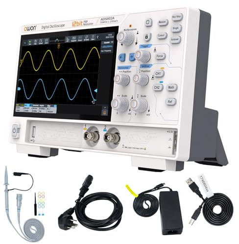 OWON ADS802A Digitales Oszilloskop 70MHz 2-Kanal, 12-Bit Hochpräzision, 700k wfms/s, 50Mpts Datensatzlänge, Multi-Touchscreen, CAN/LIN Decoder, FFT, HDMI USB Typ-C – für Labor & Automobilanwendungen
