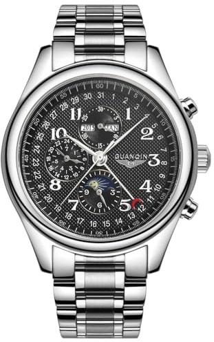 Guanqin Reloj multifuncional automático de cuerda automática para hombre, mecánico, con cristal de zafiro, calendario perpetuo de fase lunar, impermeable, reloj de negocios, correa de acero inoxidable