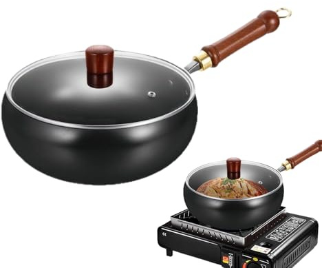 Wok de hierro fundido, sartén de hierro sin revestimiento, sartén de hierro japonés con mango de madera, wok con tapa antiadherente, utensilios de cocina de fondo plano resistentes a los arañazos