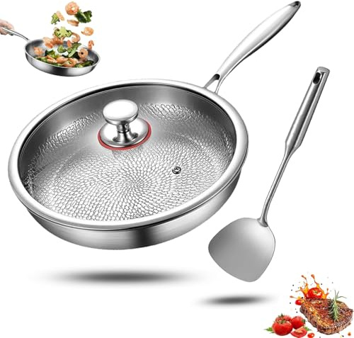 Generisch Padella in titanio con coperchio e spatola, 28 cm, antiaderente in titanio martellato, per cucinare, padella in titanio Pro Titanio, non rivestita (Con Coperchio, 28cm)