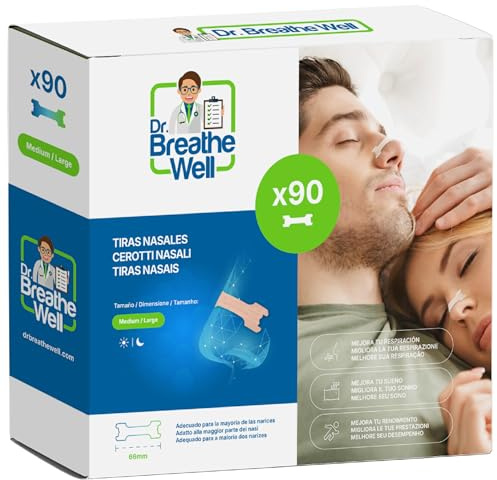 Dr. Breathe Well - 90 Tiras Nasales Antironquidos - Talla L - Extra Fuertes - Fácil de quitar. Tiras Nasales para Dormir y Deportivas, Alivian la Congestión Nasal y te ayuda a Respirar Mejor.