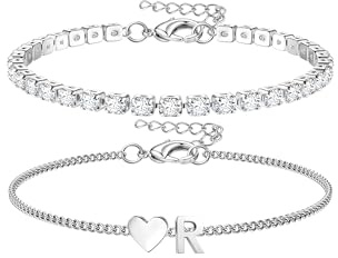 Chriscoco Pulsera Inicial Pulsera Plata Mujer Ajustable Tenis Corazón Pulseras Acero Inoxidable Pulseras Personalizada con Letra para Mujer Niña