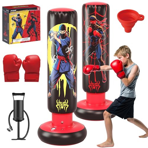 JOY SPOT! Boxsack Stehend für Kinder, 168cm aufblasbarer Boxsack mit Boxhandschuhen, Ninja & Hero Design Punchingball Geschenk, Standboxsack Indoor Outdoor für Erwachsene