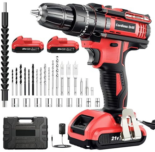 Cordless Drill Set 21V, Cordless Hammer Drill with 2 Batteries 2000mAh, 25+3 Torque, 42N.m Max, 2 Speed, LED Light, 30PCS Accessories for Home and Garden DIY Project