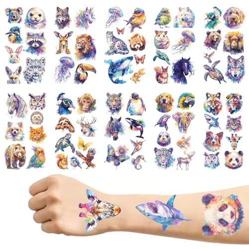Acquerelli Animali Tatuaggi Temporanei 10 Fogli Carino Animale Tatuaggi Adesivi Acquerello Cartoon Finto Impermeabile Tatuaggio Ad Acquerello Braccia E Spalle Tatuaggio Set Animale Per Bambini Adulti