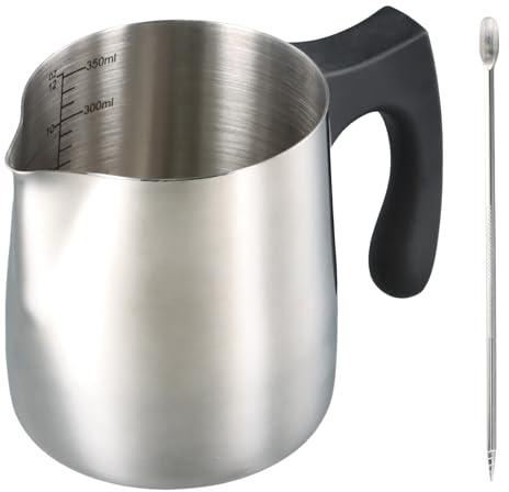 Milk Frother Jug, 350ml Stainless Steel Milk Jug with Measurement Mark, Coffee Jug for Coffee Machine, Latte Art and Cappuccino, Milk Pitcher with Stainless Steel Decorating Pen