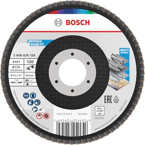 Bosch 15x Disco lamellare X451, G80, G120 (per Acciaio, Alluminio, Ø 115 mm, Grano 120, Professional Accessorio Smerigliatrice angolare piccola)