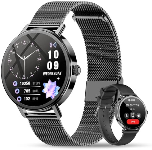 Reloj Inteligente Mujer, 1.26 Smartwatch Mujer con Llamadas Bluetooth, Smart Watch con 2 Correas, Notificación, Pulsómetro, Diseño Fino, Compatible con Android iOS, Pulsera Actividad Impermeable IP68