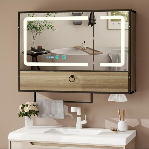 YU YUSING Spiegelschrank Bad mit LED Beleuchtung 80x60cm Badschrank | Badezimmerschrank mit 6 Regal 2 Tür Handtuchhalter, LED Badspiegel, Beschlagfrei, 3 Farben Dimmbar, Metallrahmen, Holzfarbe