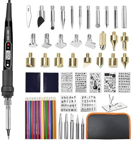 Brandmalerei Lötkolben Set 62PCS Lötset - Brandmalkolben Set 80W Einstellbare Temperatur 180-500°C Brennkolben,LED Anzeige,Lötkolben Holz,Brandmalerei mit Buchstaben und Farbige Buntsti