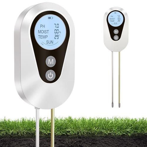 pH Messgerät Erde, Feuchtigkeitsmessgerät Pflanzen 4-in-1 Digital Plant Bodenmessgerät für PH/Temperatur/Feuchtigkeit/Lichtmessung für Garten, Rasen, Gewächshaus, Feuchtigkeitsmesser für Pflanzen
