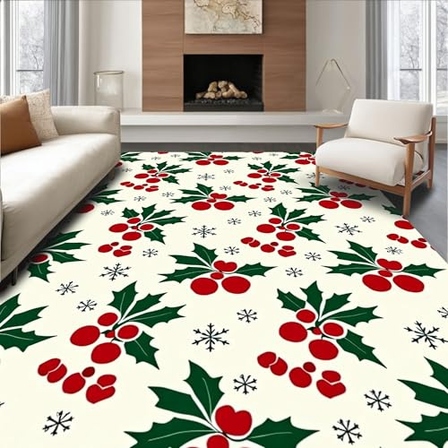 Flatwoven Area Rug 6x9 ft, Festive Holly Berry Punch Needle Embroidery Kit with Snowflake Motifs, Non Slip, Stain Resistant, Washable High Traffic Area Rugs for Living Room, Bedroom Decor (with Pad)
