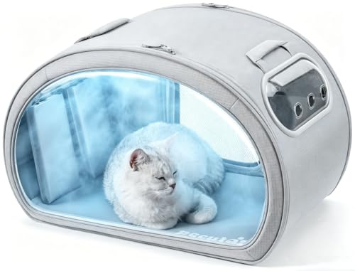 pecute Kylhus för katt, hundhus med kylmatta, inomhus kattbädd med isolering och 6 inbyggda kylpaket, hopfällbart genomskinligt fönster katthus för små medelstora husdjur under 6 kg, M, grå