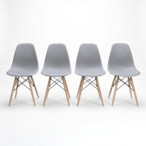 DASCK Pack 4 Sillas Nordicas de Comedor Estilo Escandinavo | Patas Haya Natural | Polipropileno Ergonomico | Carga 120 kg por Silla (Gris)
