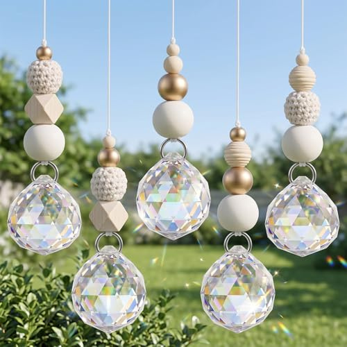 5 Juegos de Atrapasoles Cristal Colgante, Atrapasol de Cristal en Estilo Nórdico, Cristales Atrapasol con Bolsas Organza Cordón y Tarjetas de Felicitación, Atrapasoles para Decoración de Jardín y Boda