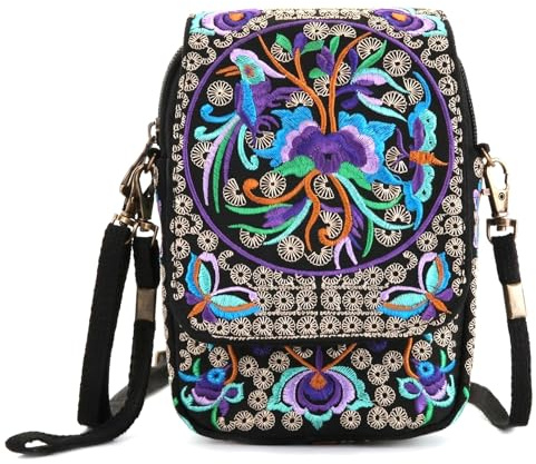 Embroidery Flowers Canvas Crossbody Bag, Women Messenger Bag, Cellphone Pouch Purse