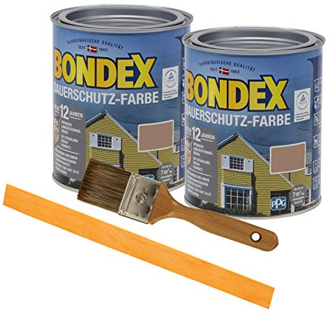 Bondex Dauerschutzfarbe deckend 2 x 0,75l Wetterschutzfarbe Holzschutzfarbe wetterbeständig Zink inkl. Pinsel Rührstab (sonnenlicht (sahara))
