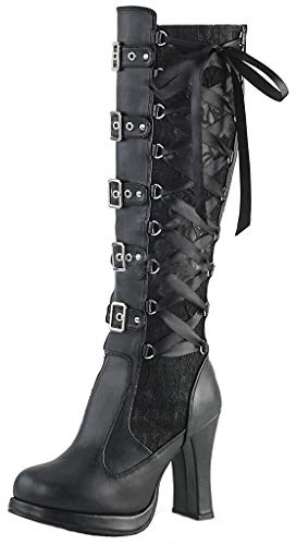SoonerQuicker Botas altas hasta la rodilla para mujer, tacón alto, tacón de bloque, botas de piel con cordones, estilo steampunk, gótico, vintage, cosplay, Black, 38.5 EU