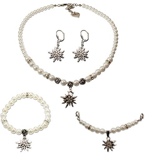 Alpenflüstern Trachtenschmuck-Set Perlen-Trachtenkette, Armband, Charivari und Ohrhänger Strass-Edelweiß - Damen-Trachten-Schmuck, Trachtenset Creme-weiß SET048