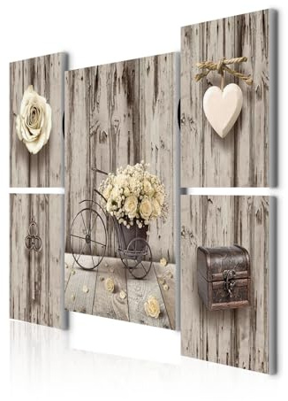decomonkey Bilder Set Blumen Herz 110x80 cm 5 Teilig Leinwandbilder Retro | Strukturleinwand, Holzkeilrahmen, Bild auf Leinwand, Wandbild, Kunstdruck, Wanddeko, Wohnzimmer, Wanddekoration, Vintage