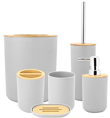 6 Stück Bambus Badezimmer Set mit Lotionspender, Mülleimer, Zahnbürstenhalter, Zahnputzbecher, Toilettenbürste und Seifenschale3 Farben optional (Grau)