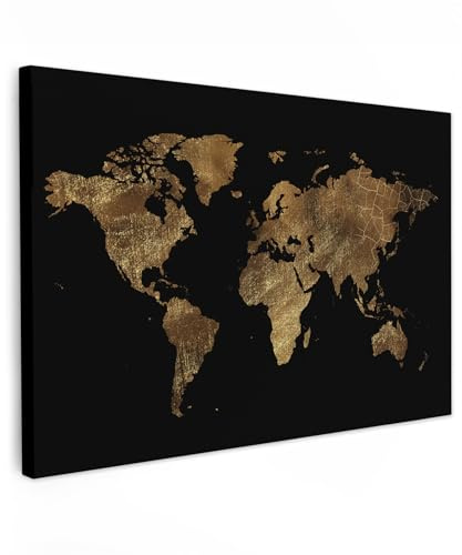 MuchoWow© Leinwand Bilder, Einzigartige Wanddeko mit Rahmen, Weltkarte | 150x100 cm - Gold - Luxus - Erde - Schwarz, Wandbilder Wohnzimmer, Deko Schlafzimmer