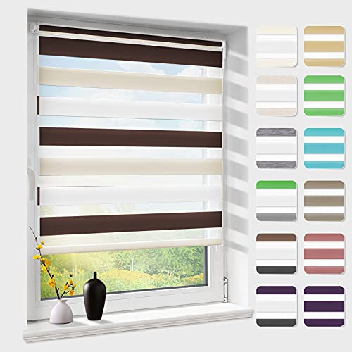 Doppelrollo klemmfix ohne Bohren, Duo Rollos für Fenster & Tür mit Bohren, Weiß Creme Braun B50 x H120cm, Fensterrollo lichtdurchlässig & verdunkelnd, Klemmrollo Sonnenschutz