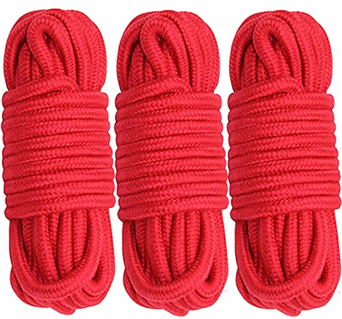 Cosymate Lot de 3 cordes en coton doux tout usage en coton épais torsadé, 8 mm de diamètre, 10 m de long, rouge