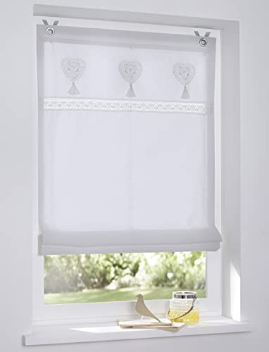 Raffrollo Ösenrollo weiß Camille Bestickt Herz Bordüre Häkelspitze Quasten Landhausstil Breite 60 x Höhe 140 cm