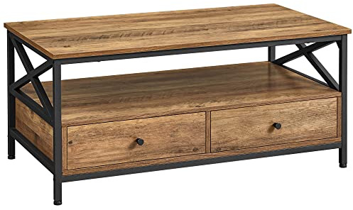 VASAGLE Table Basse, Table de Salon, avec 2 tiroirs et étagère de Rangement Ouverte, Cadre en Acier en Forme de X, 100 x 55 x 45 cm, Style Industriel, Noyer Rustique et Noir LCT201B41
