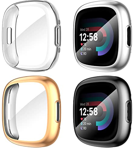 Diruite 4-Stück Schutzfolie für Fitbit Versa 4/Sense 2 Schutzhülle, HD Stoßfestes Weiche TPU Cover Vollschutz Display Schutz Hülle Schutz Case,Schwarz&Silber&Roségold&Transparent