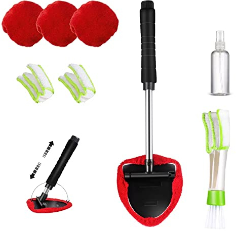 Midyb Car Window Cleaner, Extendable Car Windscreen Cleaner Tool with 3 Microfiber Pads & 1 Spray Bottles, Windshield Cleaning Tools for Fog Moisture Removal, Send 1 Mini Duster