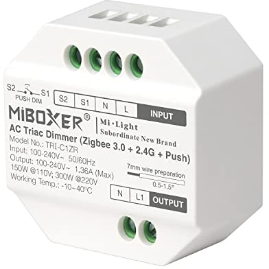 LIGHTEU®, Miboxer Zigbee3.0 e dimmer triac Push AC 100-240V da 2,4 GHz per lampade e faretti dimmerabili, TRI-C1ZR