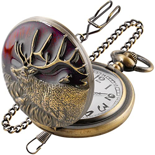 Realpoo Animal Patch Quartz Pocket Watch for Men with Waist Chain