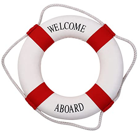 OAIEU Vintage Craft Wall Hanging Lifebuoy Mediterranean Style Welcome Aboard Life Ring Ornament Home Decoration(Red, 35cm)