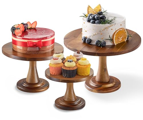 TIDITA Set of 3 Acacia Wood Cake Stand Set – Wooden Rustic Farmhouse Cupcake Stand - Wedding and Birthday Decorating Cake Pedestal Stand - Dessert Display Serving Use at Parties, Restaurants, Birthday