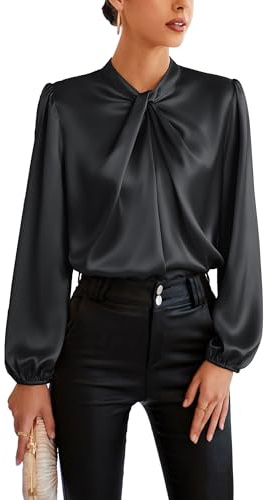 Women's Elegant Mock Neck Lantern Long Sleeve Blouse Shirt Twist Front Top 2024 Trendy Black L