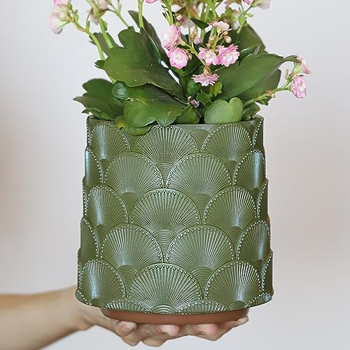 GUGUGO Maceta de escamas verde salvia perla, bonita maceta única con drenaje, macetas eclécticas coloridas para plantas de interior y exterior, regalos divertidos de jardinería suculentas arcoíris