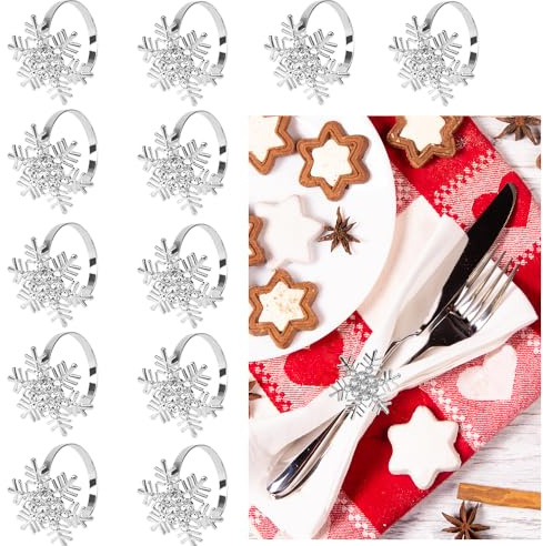 LANSKYLAN 12 Stück Serviettenringe Metall Serviettenschnalle Weihnachten Serviettenhalter Schneeflocke Silber Serviettenring Serviette Halter Servietten Ringe für Weihnachtstisch Hochzeit Geburtstag