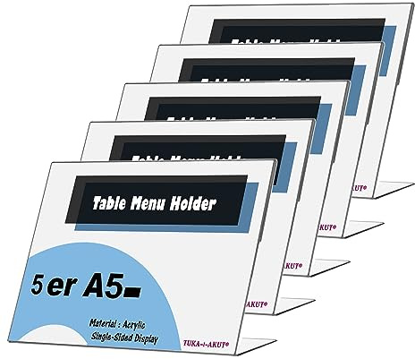 TUKA 5X Porta-avvisi da Tavolo Inclinati, A5 Orizzontale Espositori, Supporto Pubblicitario da Banco, per Menù, Carta, Informazioni, Documenti e Altro. 2,5mm Acrilico Trasparente, TKD8201-A5-5x