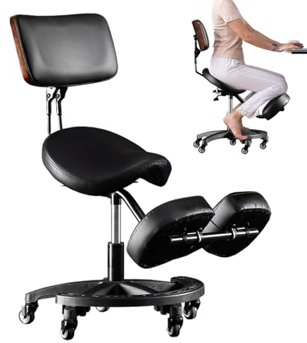CMYUN Sattelhocker Bürosattelstuhl Kniestuhl mit Rad, Robuster Ergonomischer Kniestuhl/Verstellbarer Rollender Sattelhocker, Drehstuhl mit Rückenlehne