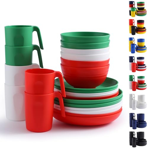 Berglander Set di stoviglie in plastica 24pcs per 6, set di piatti e ciotole riutilizzabili a colori IT include piatti da pranzo, piatto da dessert, ciotole di cereali, tazze per casa, giardino