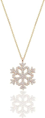 Einzelstück® Halskette mit Schneeflocken Anhänger 925 Silber I 14K Gold & Roségold Zirkonia Steine I Damenkette I Silberkette Collier Snowflake Weihnachten