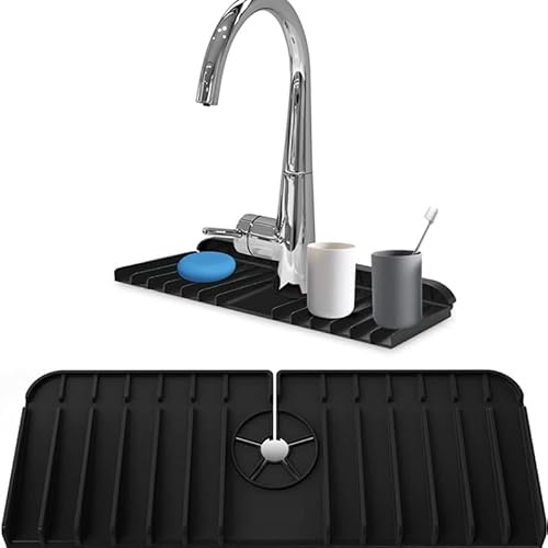 Silicone Sink Protector Mat, Sink Splash Tray and Sink Organiser, Sink Faucet Easy-to-Clean Sink Mat, Drip Draining Mat, Kitchen Sink Accessories, Anti Slip Kitchen Splash Guard, Draining Black