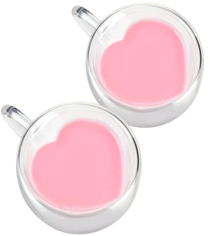 WHJY Juego de 2 tazas de café de vidrio de doble pared, tazas de café transparentes únicas en forma de corazón, tazas de café expreso de 5 onzas, tazas de corazón