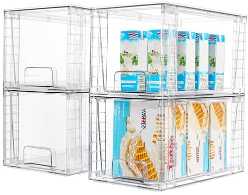 Vtopmart 4Pack Large Stackable Kitchen Pantry Storage Drawers, Clear Organizer Bins with Handles, Acrylic Drawer Organizers for Kitchen Pantry, Bathroom Undersink, Cabinet Organization and Storage