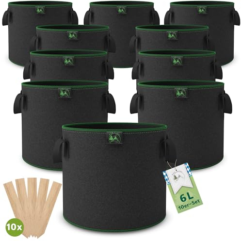 TTL Garden Lot de 10 sacs de plantation en tissu non tissé - 6 l - Sacs de plantation en tissu - 300 g/m² - 300 g/m² - Sacs de culture pour balcon, terrasse, serre, jardin
